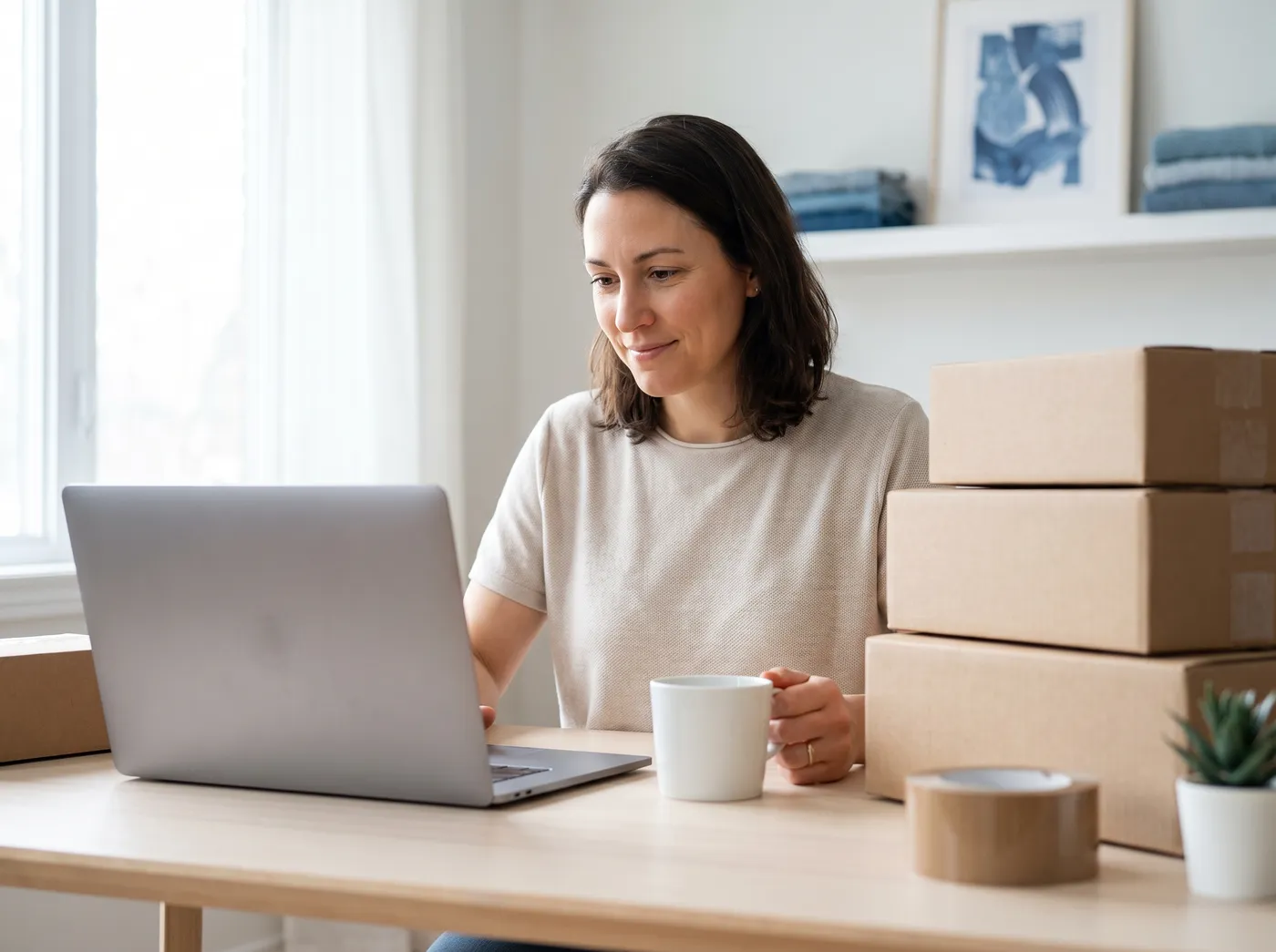 An online store owner reviewing product profit numbers on a laptop while packing orders